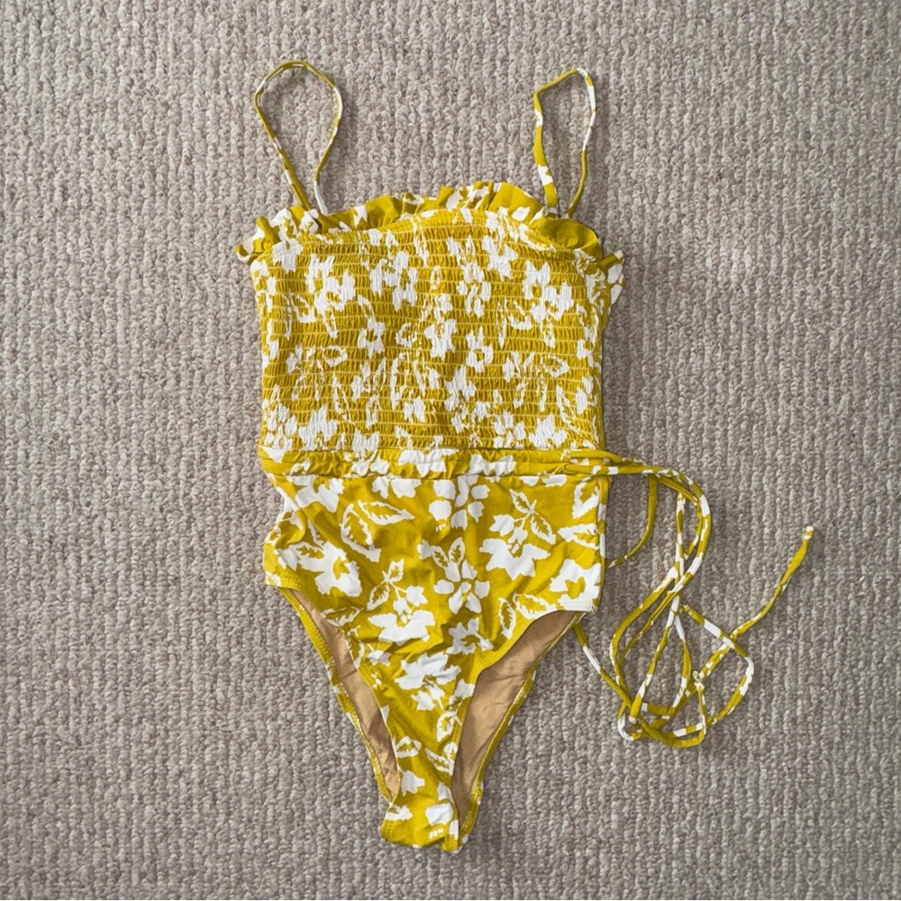 Yellow floral one piece swimsuit with boning detailing